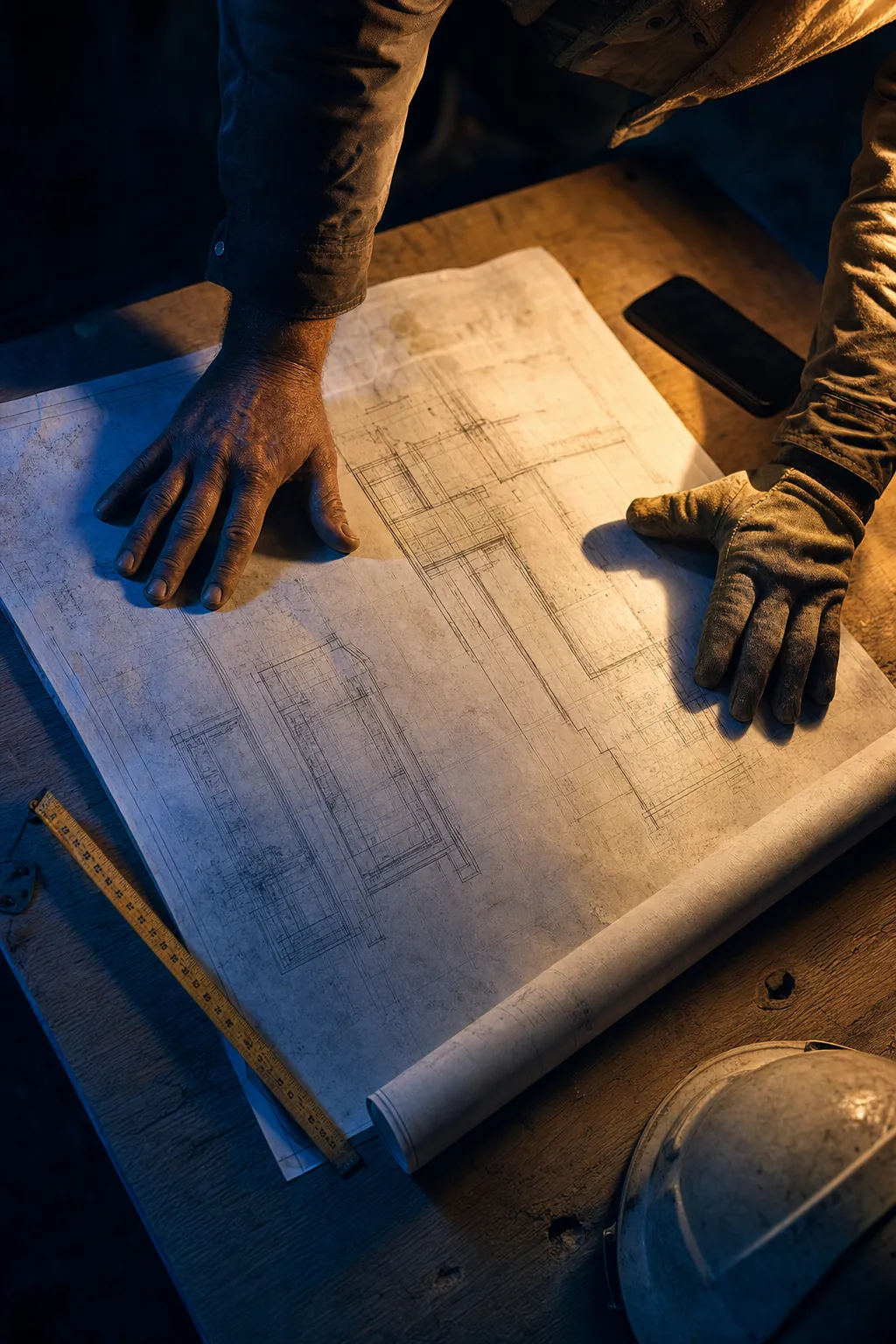 Vue de dessus : deux mains, dont une gantée, déroulent un plan de chantier sur une table en contreplaqué sous une lumière ocre rasante.