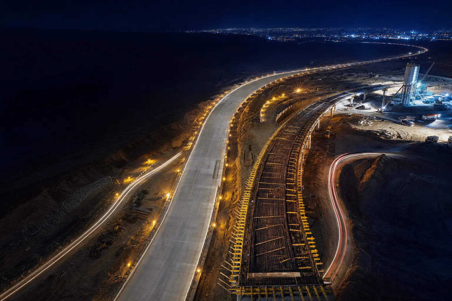 Vue aérienne nocturne d'un échangeur autoroutier en construction : une rampe de béton achevée et sa jumelle encore en armatures, tracées par des rangées de lampes ocre.