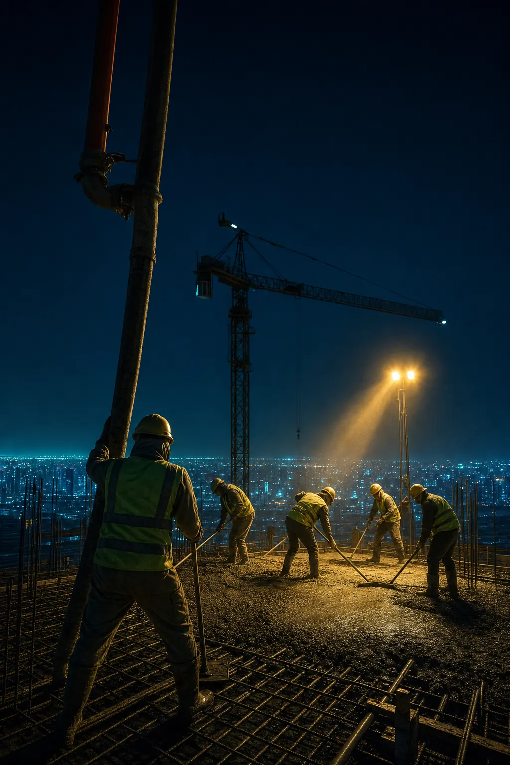 Coulage de béton nocturne sur un toit de tour : ouvriers guidant la pompe sous des faisceaux ocre volumétriques, tapis de lumières cyan de la ville en contrebas.