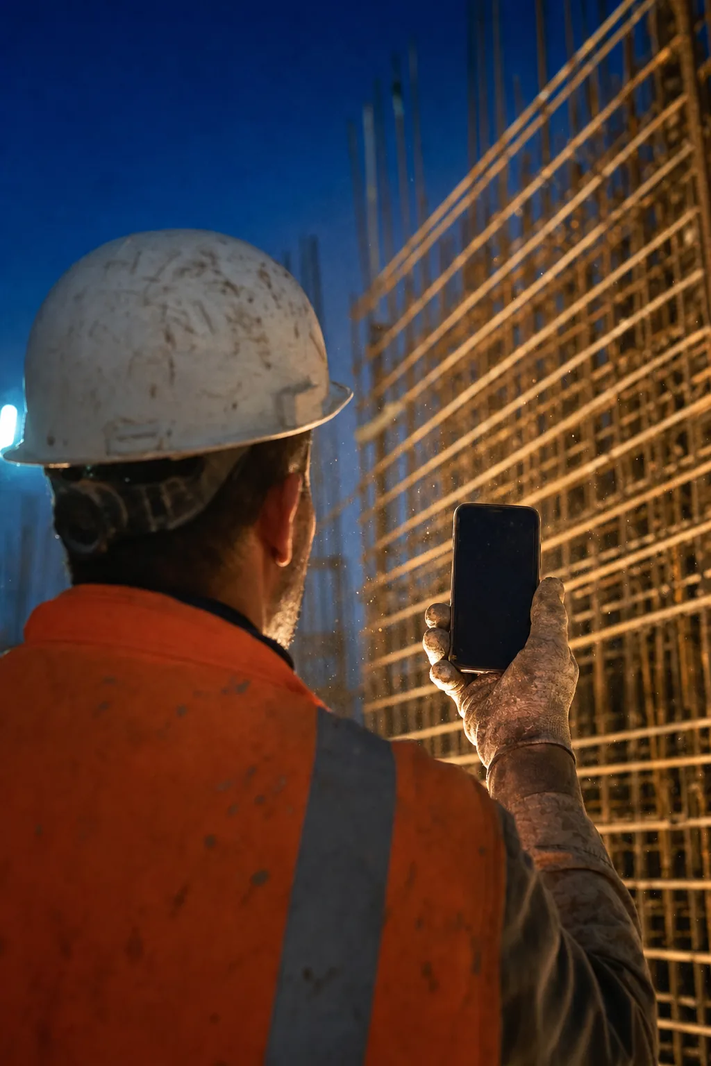 Chef de chantier vu de dos au crépuscule, casque blanc et gilet orange, téléphone dans une main gantée poussiéreuse devant un mur d'armatures baigné de lumière ocre.